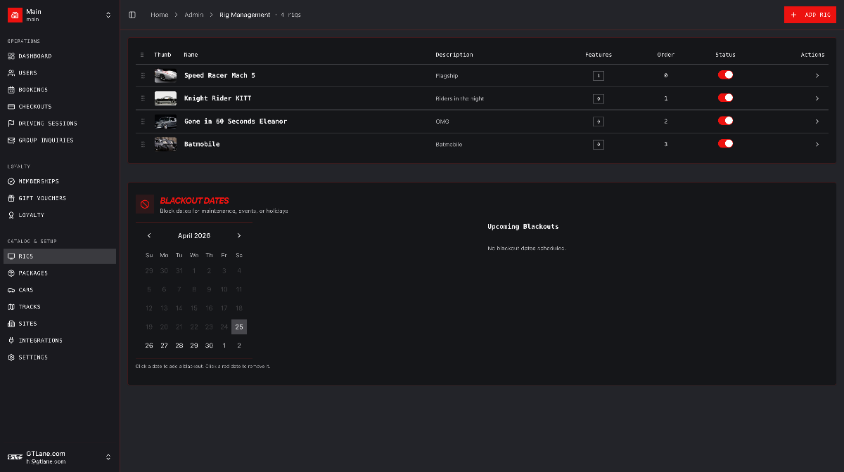 GTLane operator dashboard — bookings, rigs, and revenue on one screen