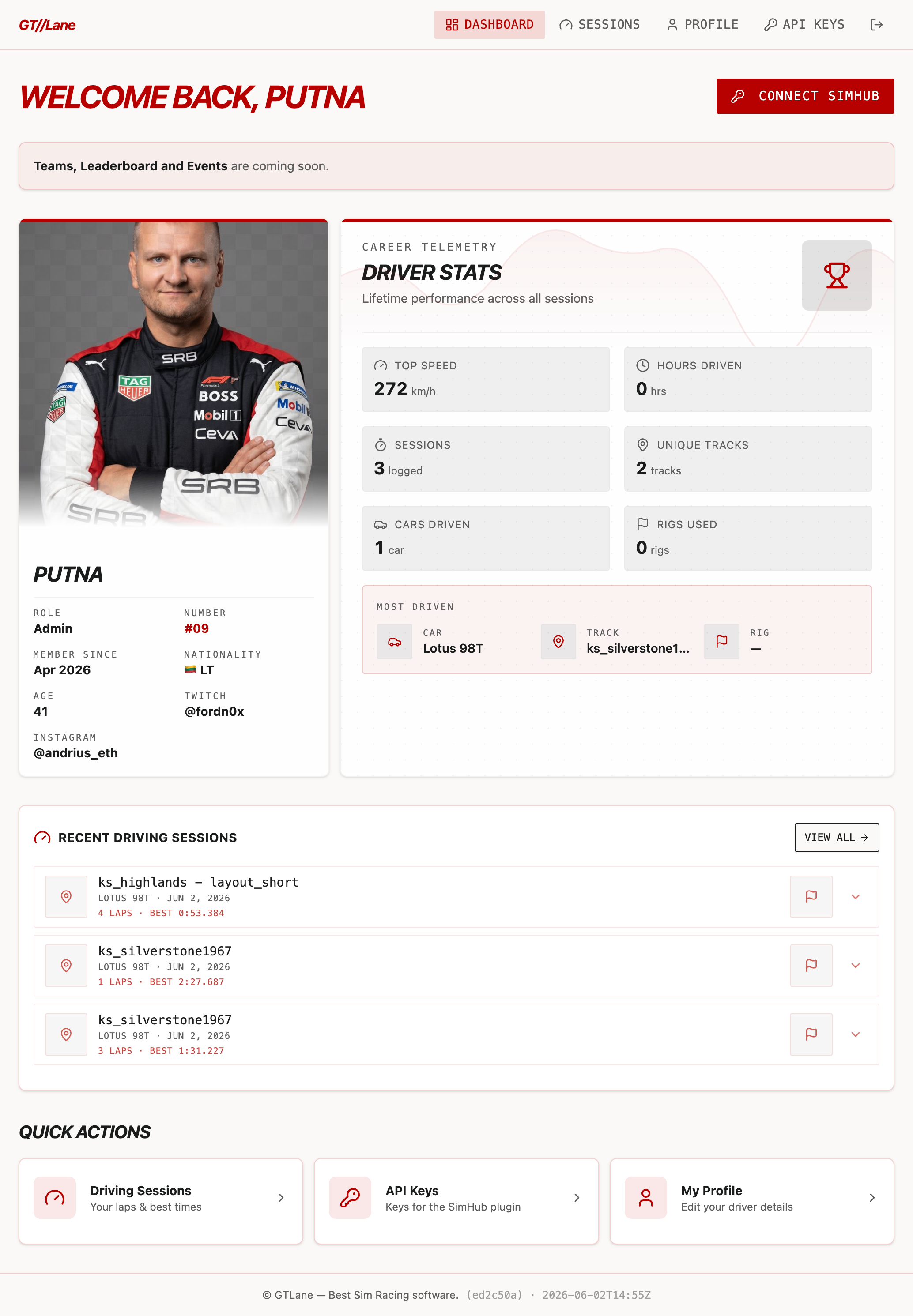 GTLane racer dashboard showing the driver profile card — avatar photo, racer name and number, nationality, age, and linked Twitch and Instagram — beside career telemetry stats