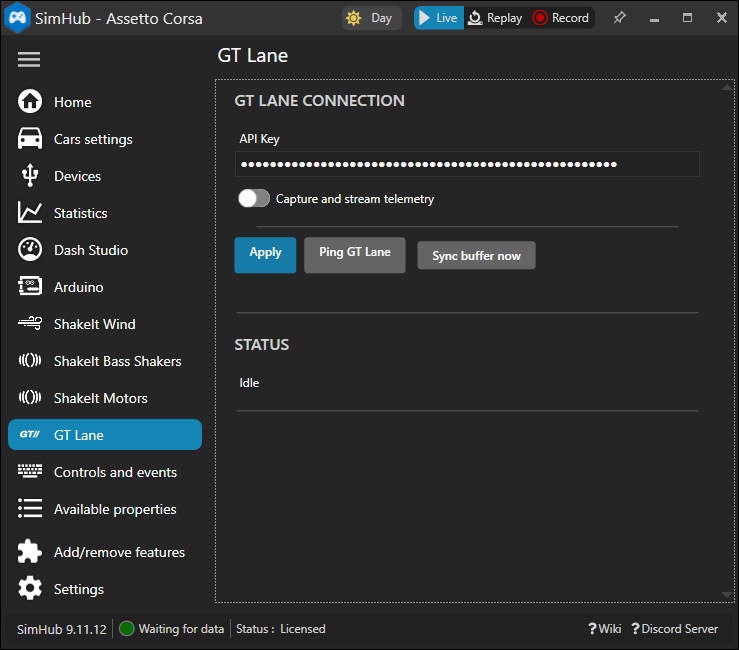 GTLane plugin running inside SimHub on a sim rig